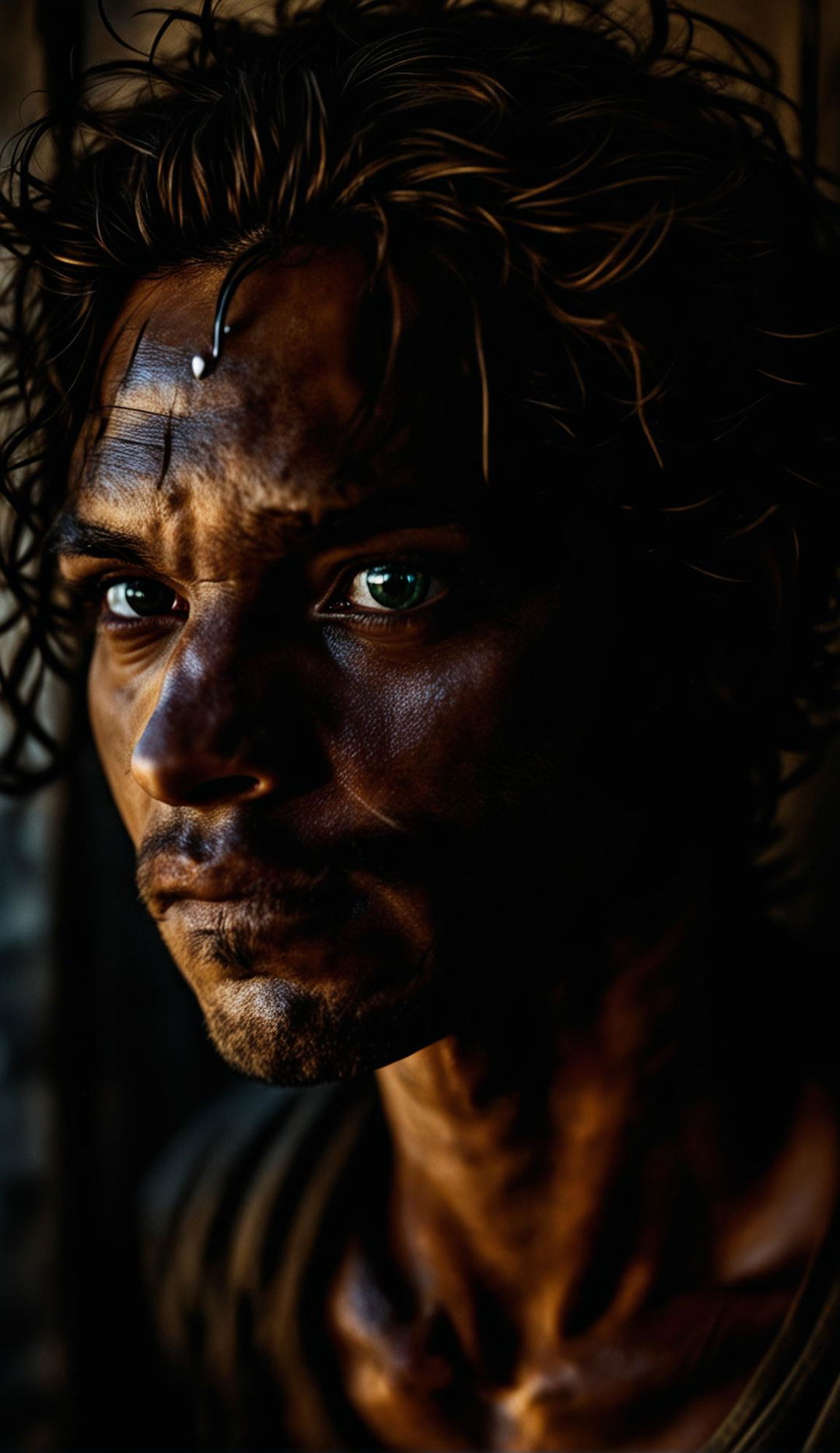 High-resolution photograph of a handsome man with stubble and wavy hair, green eyes reflecting light in low lighting. Side view with symmetrical facial features in James Nachtwey photography style.