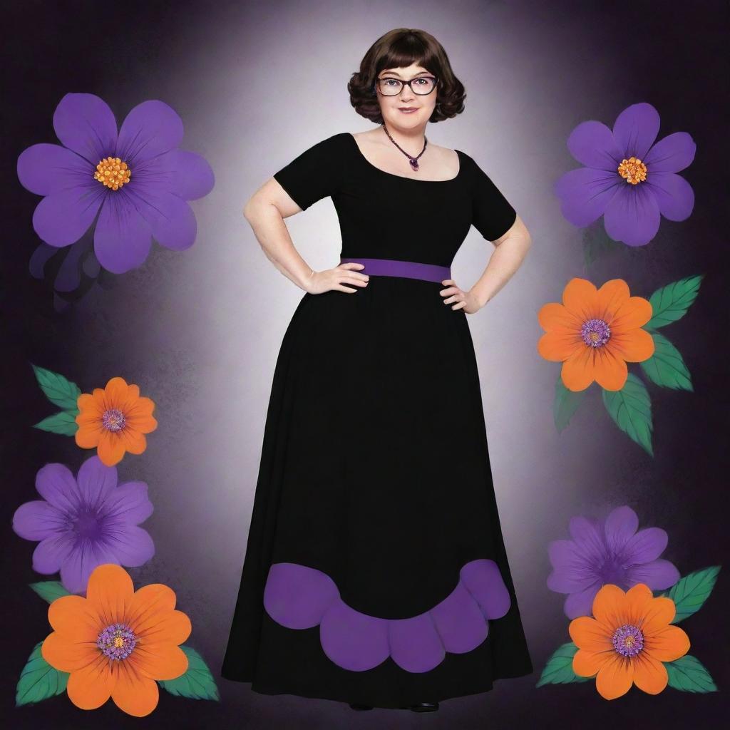 A character fusion between Velma Dinkley and Meg Griffin, now wearing a stunning black gown adorned with purple flower designs.