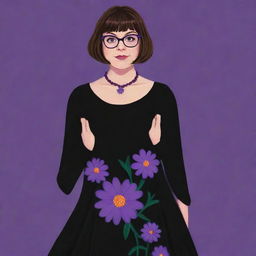 A character fusion between Velma Dinkley and Meg Griffin, now wearing a stunning black gown adorned with purple flower designs.