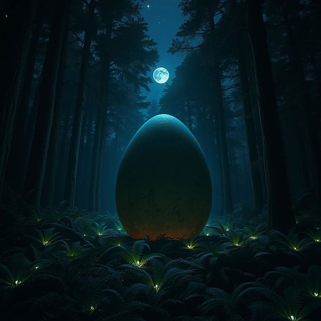 A large, mysterious shadowy egg resting in the center of a dark, dense forest at night