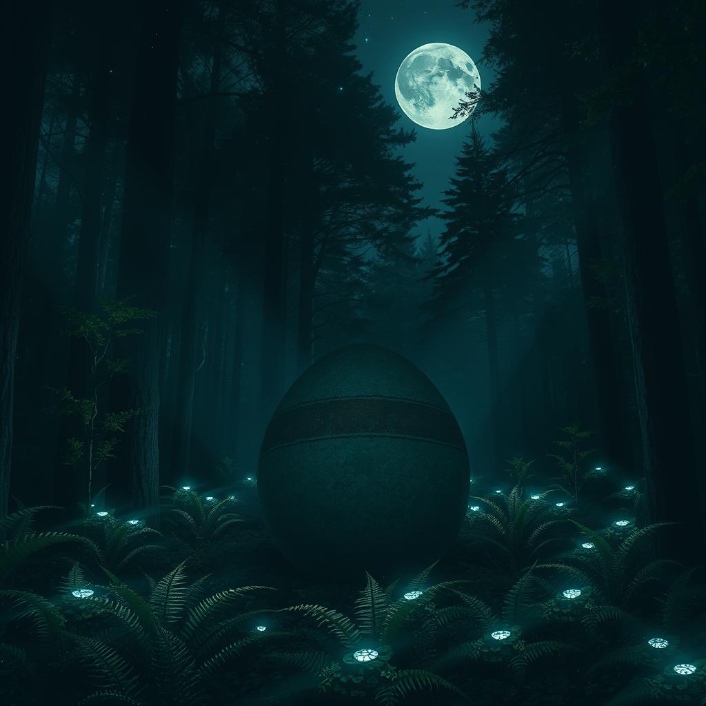 A large, mysterious shadowy egg resting in the center of a dark, dense forest at night