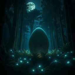 A large, mysterious shadowy egg resting in the center of a dark, dense forest at night