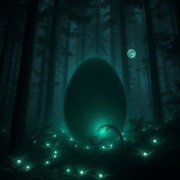 A large, mysterious shadowy egg resting in the center of a dark, dense forest at night