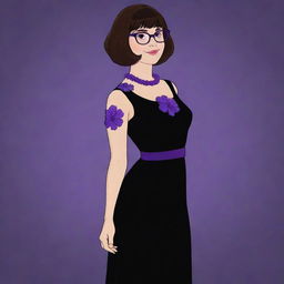 A character fusion between Velma Dinkley and Meg Griffin, now wearing a stunning black gown adorned with purple flower designs.