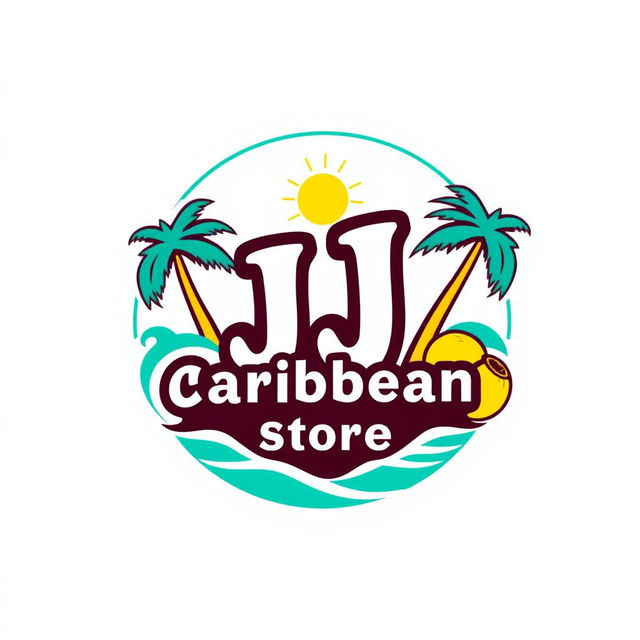 A vibrant logo design for 'JJ Caribbean Store', featuring tropical elements such as palm trees, waves, and vibrant colors like turquoise, yellow, and green