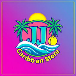A vibrant logo design for 'JJ Caribbean Store', featuring tropical elements such as palm trees, waves, and vibrant colors like turquoise, yellow, and green