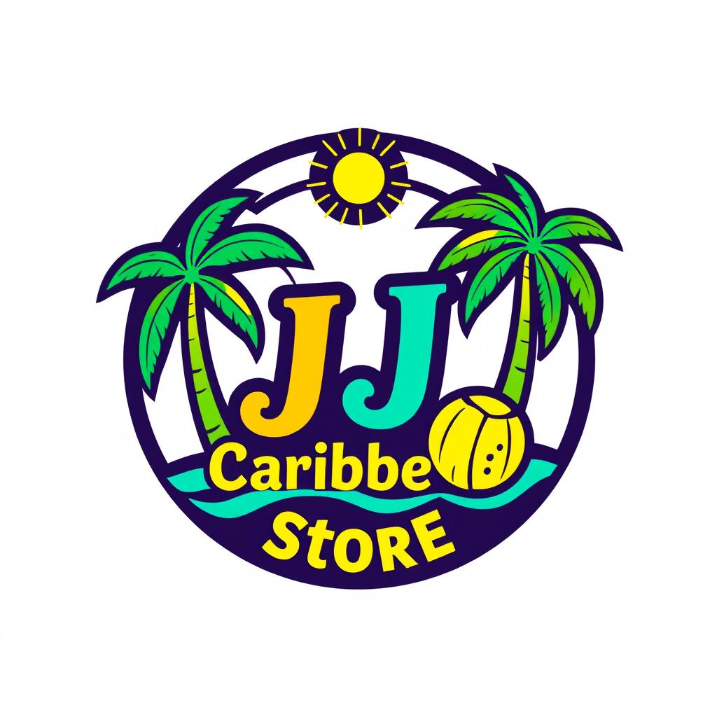 A vibrant logo design for 'JJ Caribbean Store', featuring tropical elements such as palm trees, waves, and vibrant colors like turquoise, yellow, and green