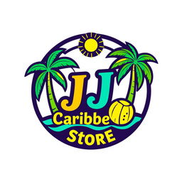 A vibrant logo design for 'JJ Caribbean Store', featuring tropical elements such as palm trees, waves, and vibrant colors like turquoise, yellow, and green