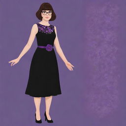 A character fusion between Velma Dinkley and Meg Griffin, now wearing a stunning black gown adorned with purple flower designs.