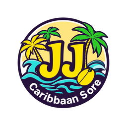 A vibrant logo design for 'JJ Caribbean Store', featuring tropical elements such as palm trees, waves, and vibrant colors like turquoise, yellow, and green