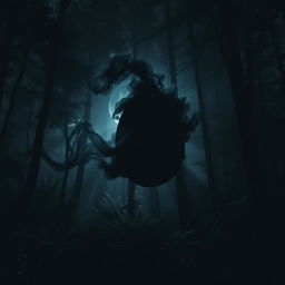 A large, ominous black smoke egg hovering in the center of a dark, dense forest at night