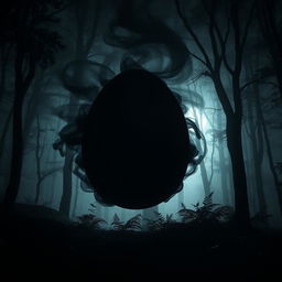 A large, ominous black smoke egg hovering in the center of a dark, dense forest at night