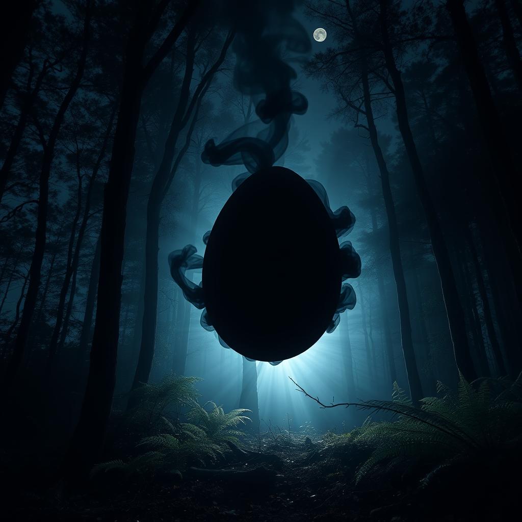 A large, ominous black smoke egg hovering in the center of a dark, dense forest at night