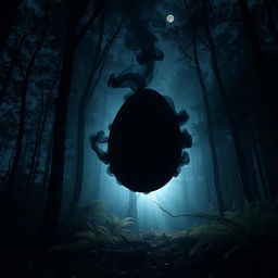 A large, ominous black smoke egg hovering in the center of a dark, dense forest at night