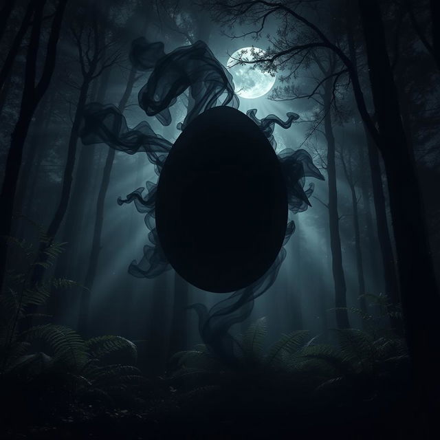 A large, ominous black smoke egg hovering in the center of a dark, dense forest at night