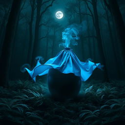 A large black smoke egg adorned with a flowing blue cape, positioned in the center of a dark, enchanted forest at night