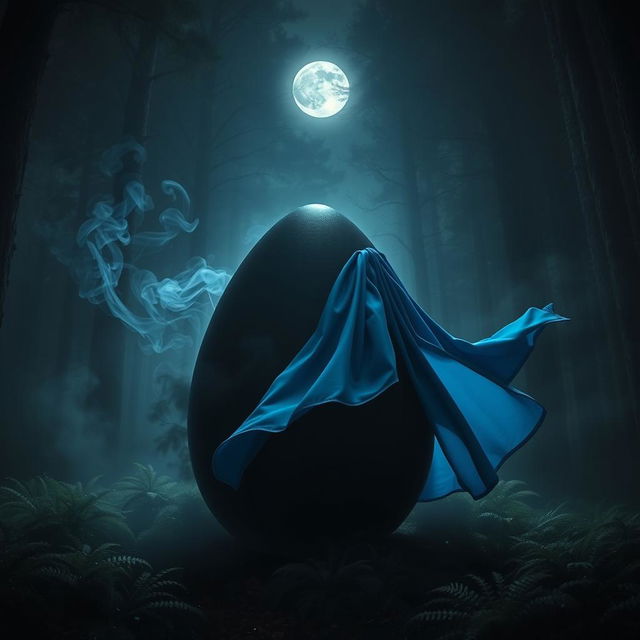 A large black smoke egg adorned with a flowing blue cape, positioned in the center of a dark, enchanted forest at night