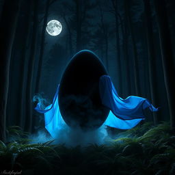 A large black smoke egg adorned with a flowing blue cape, positioned in the center of a dark, enchanted forest at night