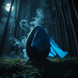 A large black smoke egg adorned with a flowing blue cape, positioned in the center of a dark, enchanted forest at night