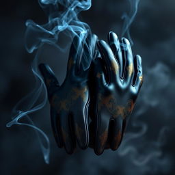 A pair of luxurious gloves featuring a striking design of black, blue, and gold colors