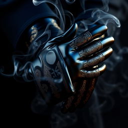 A pair of luxurious gloves featuring a striking design of black, blue, and gold colors