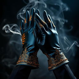 A pair of luxurious gloves featuring a striking design of black, blue, and gold colors