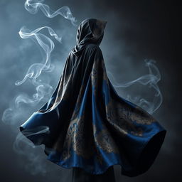 An elegant cloak featuring a striking design that blends black, blue, and gold colors seamlessly