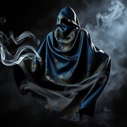 An elegant cloak featuring a striking design that blends black, blue, and gold colors seamlessly