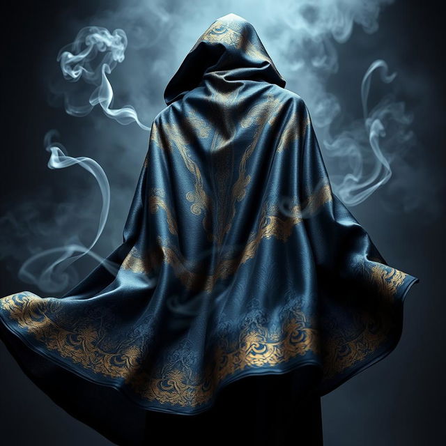 An elegant cloak featuring a striking design that blends black, blue, and gold colors seamlessly