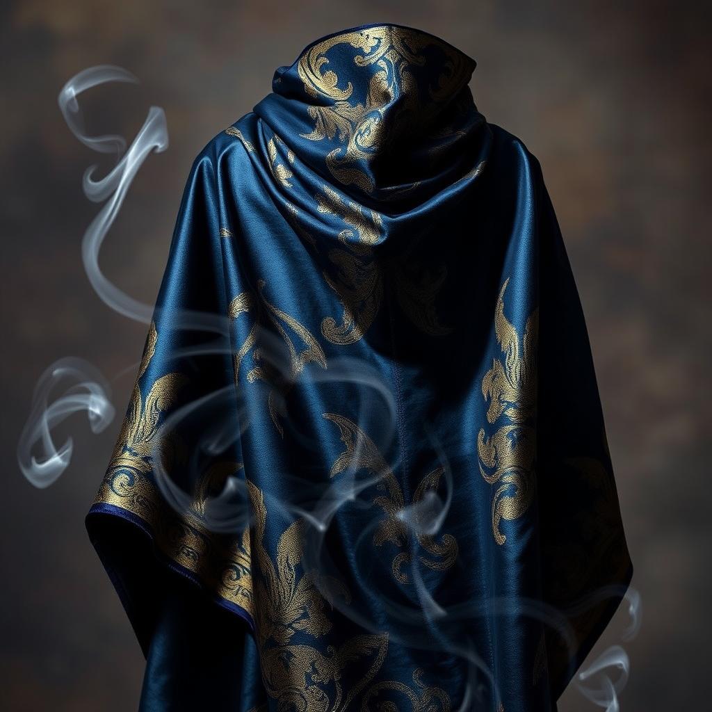 An elegant cloak featuring a striking design that blends black, blue, and gold colors seamlessly