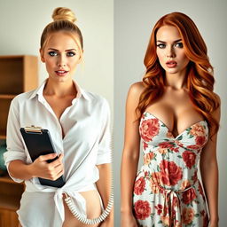 A split screen image featuring two gorgeous females in torso shots