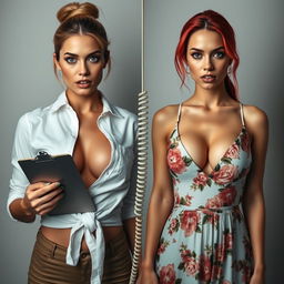 A split screen image featuring two gorgeous females in torso shots