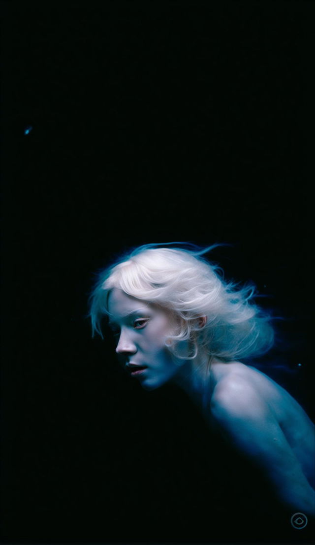 High-resolution, unedited photograph of an albino girl underwater with drifting hair, low lighting, side head view, symmetrical facial features, reminiscent of James Nachtwey's experimental photography.