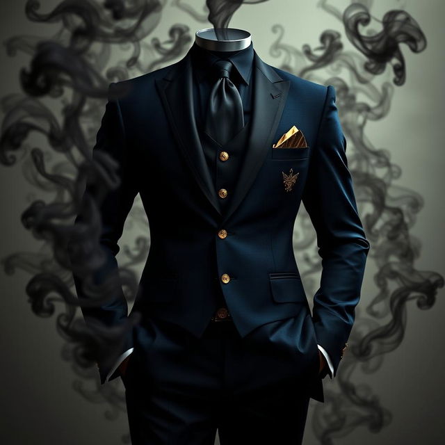 A sophisticated suit designed in a striking combination of black, blue, and gold colors that exudes elegance and style