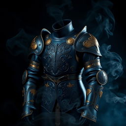 A striking set of leather armor featuring a bold color scheme of black, blue, and gold