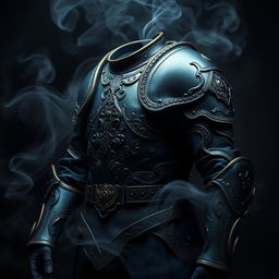 A striking set of leather armor featuring a bold color scheme of black, blue, and gold