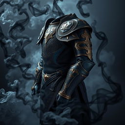 A striking set of leather armor featuring a bold color scheme of black, blue, and gold