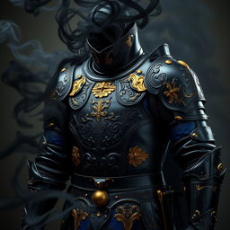 A striking set of leather armor featuring a bold color scheme of black, blue, and gold