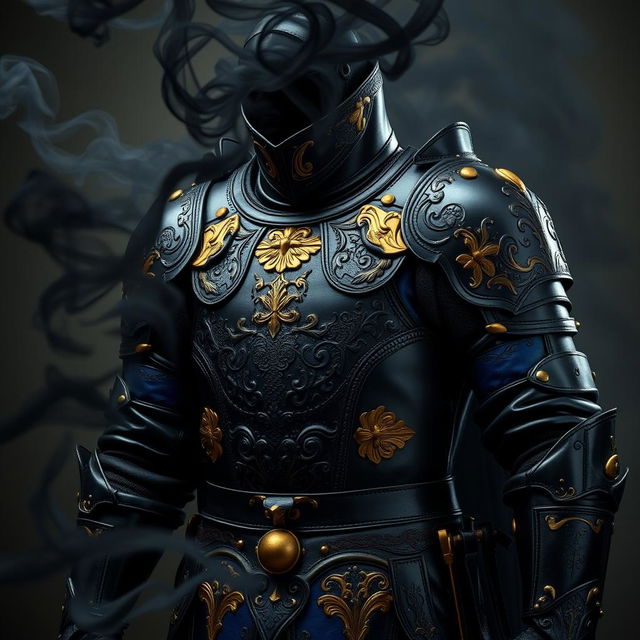 A striking set of leather armor featuring a bold color scheme of black, blue, and gold