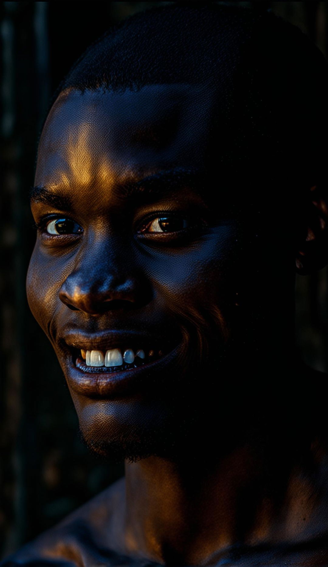 A raw 16k resolution photograph of a handsome black man smiling in low lighting. Side head view with symmetrical facial features in an unedited, professional and experimental style reminiscent of James Nachtwey's photography.