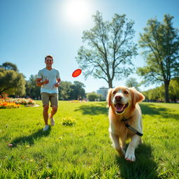 A heartwarming scene of a dog and its owner enjoying a sunny day at the park