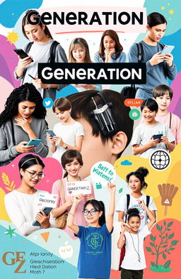 An informative collage showcasing various aspects of Generation Z, featuring diverse individuals aged approximately 18-25 engaged in modern activities like using smartphones, attending online classes, gaming, and participating in social movements