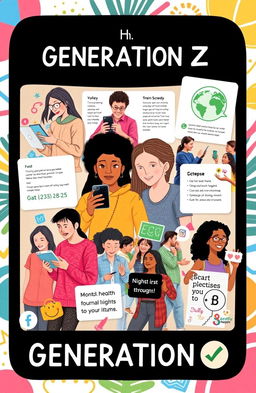 An informative collage showcasing various aspects of Generation Z, featuring diverse individuals aged approximately 18-25 engaged in modern activities like using smartphones, attending online classes, gaming, and participating in social movements