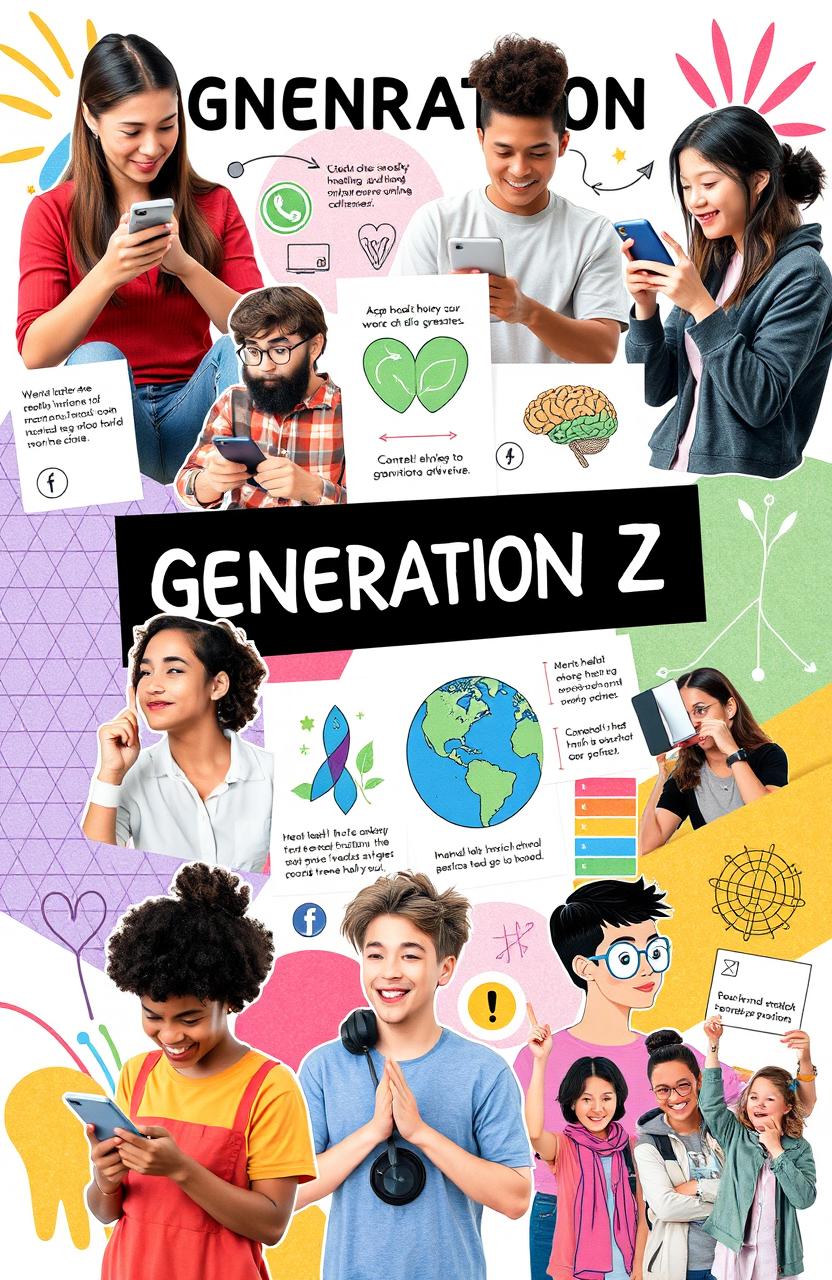 An informative collage showcasing various aspects of Generation Z, featuring diverse individuals aged approximately 18-25 engaged in modern activities like using smartphones, attending online classes, gaming, and participating in social movements