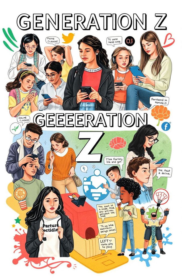 An informative collage showcasing various aspects of Generation Z, featuring diverse individuals aged approximately 18-25 engaged in modern activities like using smartphones, attending online classes, gaming, and participating in social movements