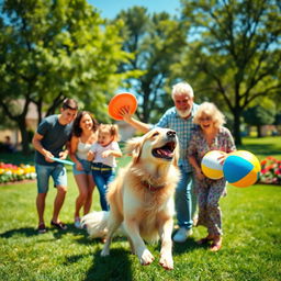 A joyful scene of a dog with its owner and family enjoying a sunny day at the park