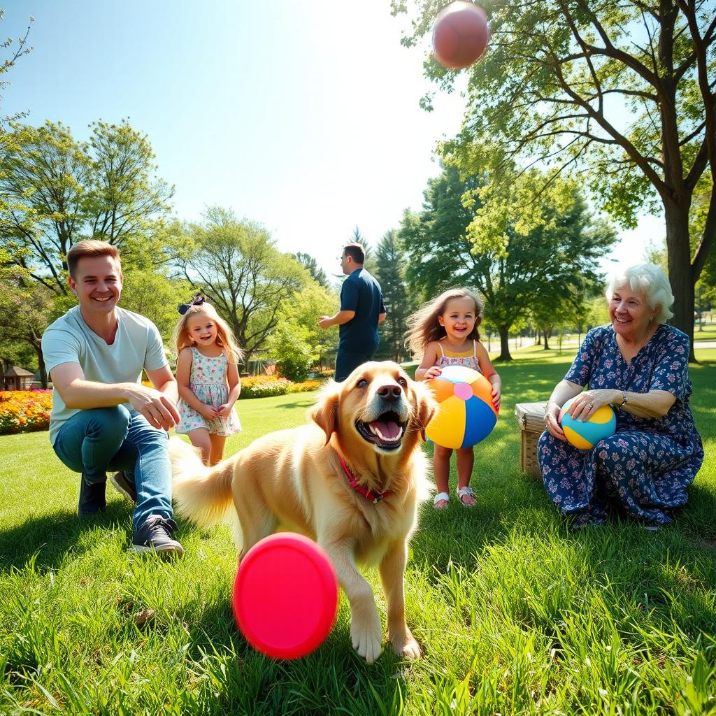 A joyful scene of a dog with its owner and family enjoying a sunny day at the park