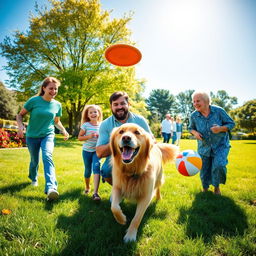 A joyful scene of a dog with its owner and family enjoying a sunny day at the park