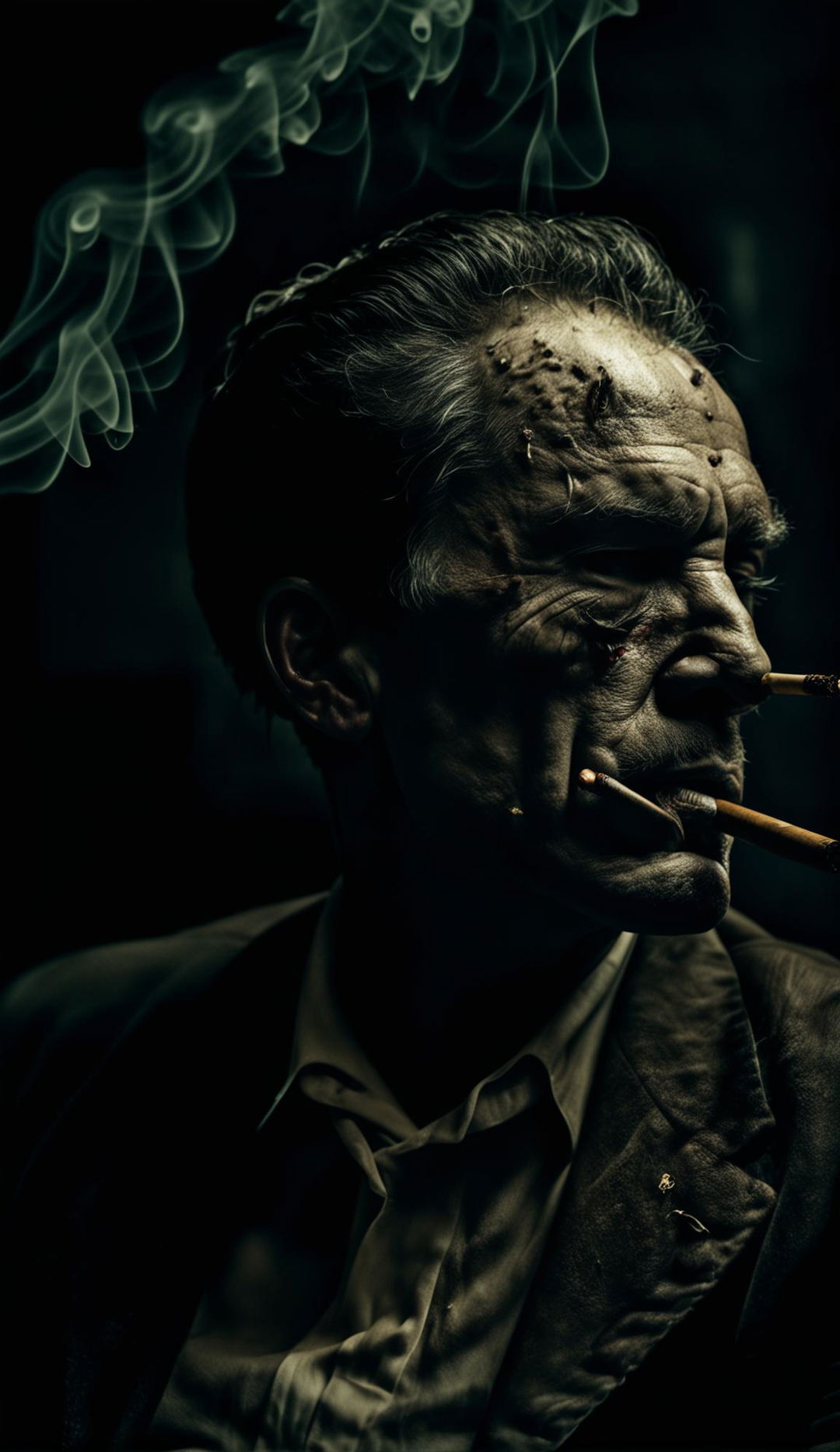 A high-resolution 16k photograph of a mob boss smoking a cigar in low lighting. Side view focus on symmetrical facial features, reminiscent of James Nachtwey's style.