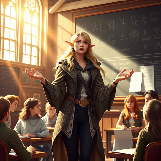 A half-elf female professor standing in front of a university classroom, energetically teaching her lecture